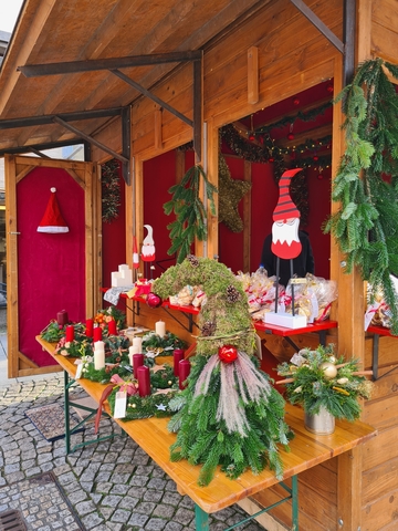 Die Bilder zeigen den Stand der Schulen und drei jungen Auszubildende, adventliche Gestecke aus der Gärtnerei, Vogelhäuschen, Engel und Wichtel aus der Holzwerkstatt und Malerei.