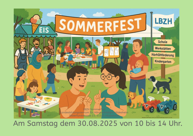Buntes Treiben von diversen Menschen bei einem Fest. Im Hintergrund ist ein Eisstand, ein Basteltisch und ein Hinweisschild für verschd. Bereiche des LBZH zu sehen. Im Vordergrund kommunizieren zwei Menschen in Gebärdensprache.