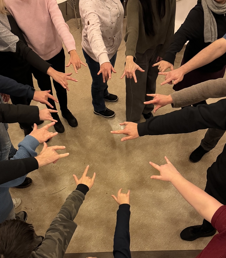 Auf dem Bild sind 15 zur Mitte gesteckte Hände abgebildet, die die Gebärde I-love-You gebärden.