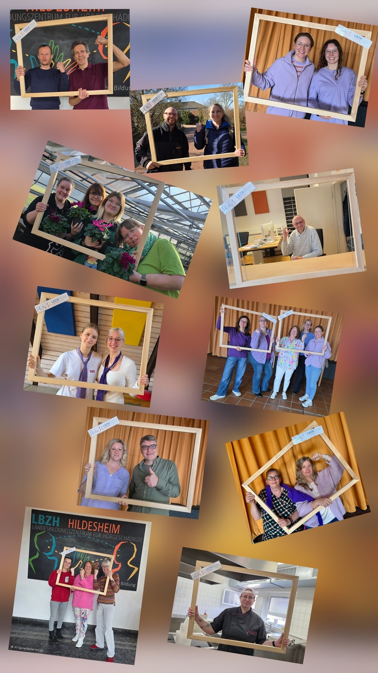 Das Bild zeigt eine Kollage auf der diverse Kolleginnen und Kollegen des LBZH hinter einem Holzrahmen posieren und mit der Gestik eines geflexten Bizeps oder einem Daumen hoch Stärke zeigen und für die Gleichberechtigung der Frauen sind.