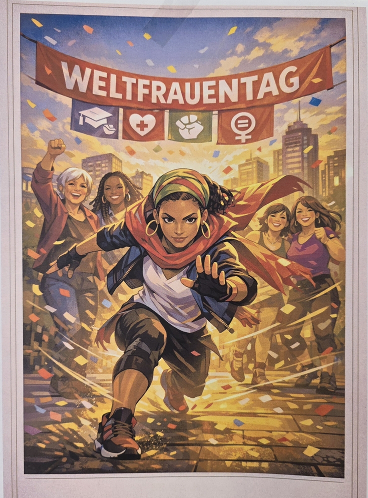 Das Bild zeigt eine dynamische und farbenfrohe Zeichnung mit der Überschrift : Weltfrauentag. Darauf sind fünf fröhliche und sportlich aktive Frauen zu sehen, die so die Stärke zeigen.