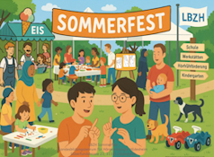 Buntes Treiben von diversen Menschen bei einem Fest. Im Hintergrund ist ein Eisstand, ein Basteltisch und ein Hinweisschild für verschd. Bereiche des LBZH zu sehen. Im Vordergrund kommunizieren zwei Menschen in Gebärdensprache.
