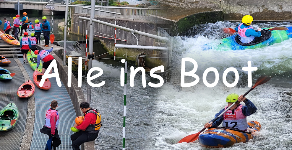 Auf diesem Bild zu sehen sind bunte Kanus und Kanuten, beim Einstieg in das Kanu an der Kanustrecke auf der Innerste in Hildesheim, bei der Abfahrt auf der Welle.