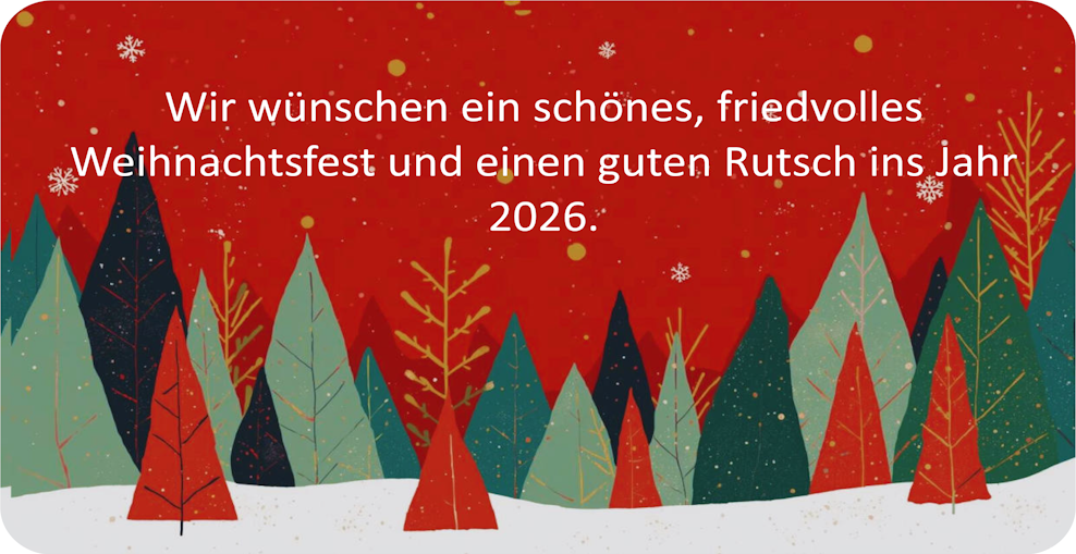 Bildbeschreibung: auf einer Weihnachtskarte sind gezeichnete Tannenbäume in Rot- und Grüntönen abgebildet. Der Hintergrund ist rot, es fallen Schneeflocken. Text – auf der Karte ;-)