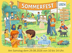 Auf dem Bild sind unterschdl. Menschen, groß und klein abgebildet. Man sieht Stände mit Aktionen wie Dosenwerfen, Malen, Bobbycar fahren und Essbereiche. Ankündigung des Sommerfestes: Samstag, 29.09.2026 von 10 bis 14 Uhr.